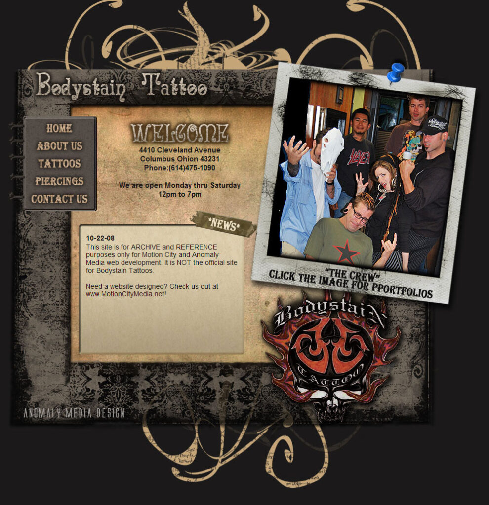 CSS website design for Columbus, Ohio tattoo studio.