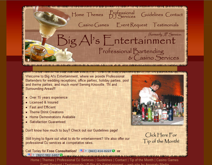 CSS website design for Columbus, Ohio bar tending service.